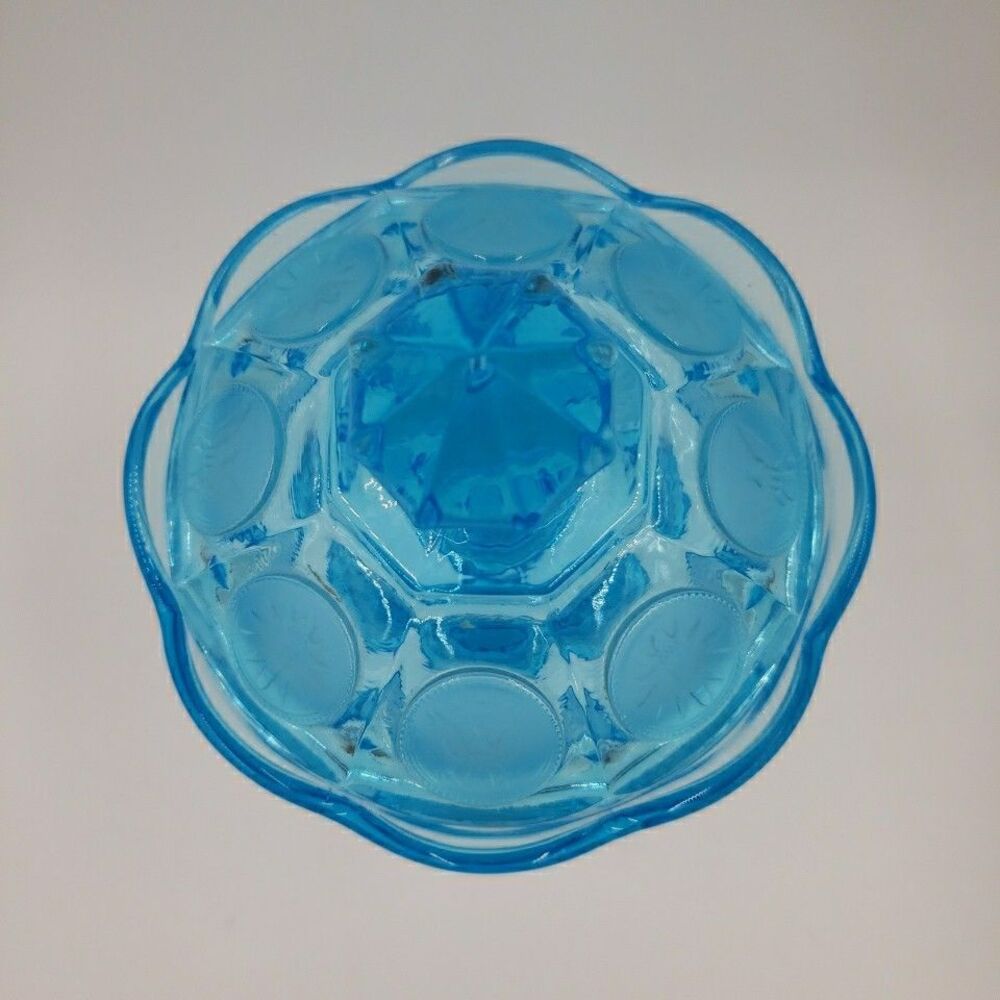 Fostoria Wedding Bowl with Lid Blue Glass Coin Medallion Covered Pedestal Dish - Picture 9 of 16